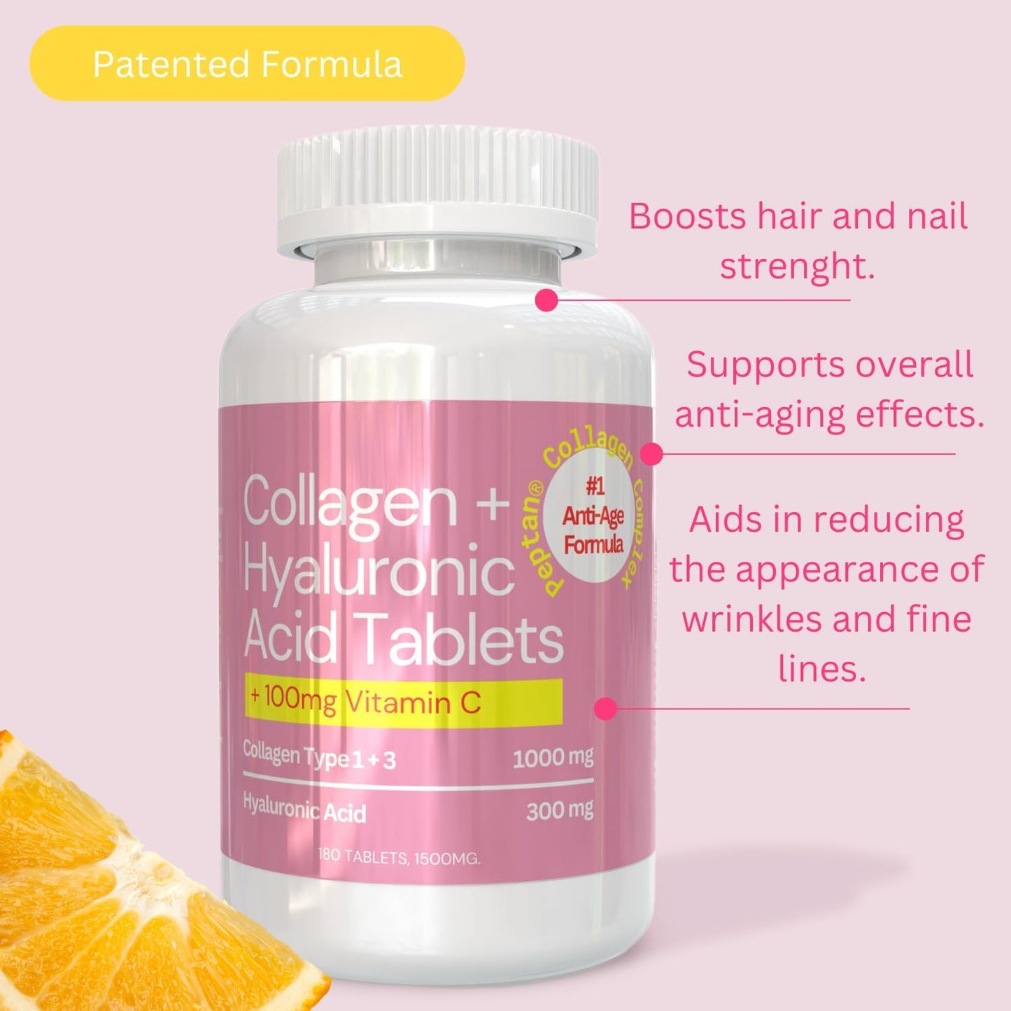 hollywoodskin Peptan Collagen Complex: Age-Defying Support with 1000mg Collagen, 300mg HA, 100mg Vitamin C - 180 Tablets