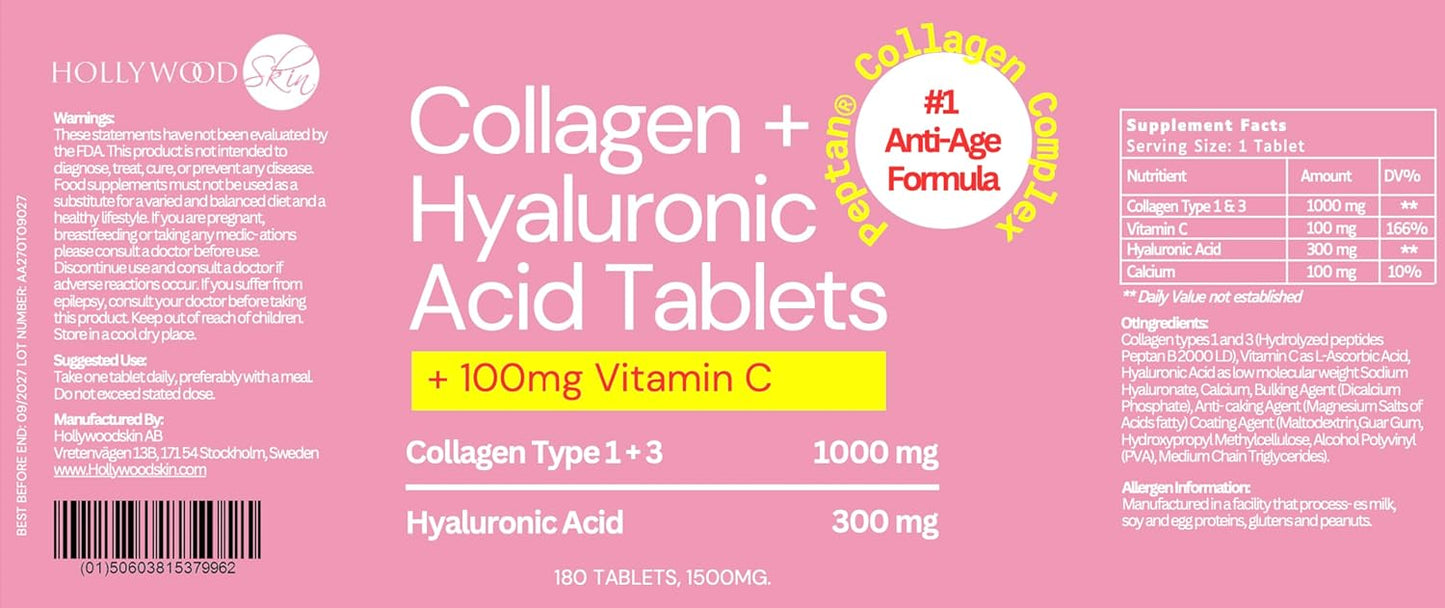 hollywoodskin Peptan Collagen Complex: Age-Defying Support with 1000mg Collagen, 300mg HA, 100mg Vitamin C - 180 Tablets