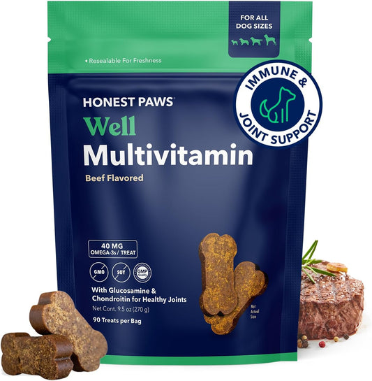 Honest Paws Dog Multivitamin Soft Chews for Joint Health, Coat, and Overall Wellness - Glucosamine, Omega-3, Beef Flavor
