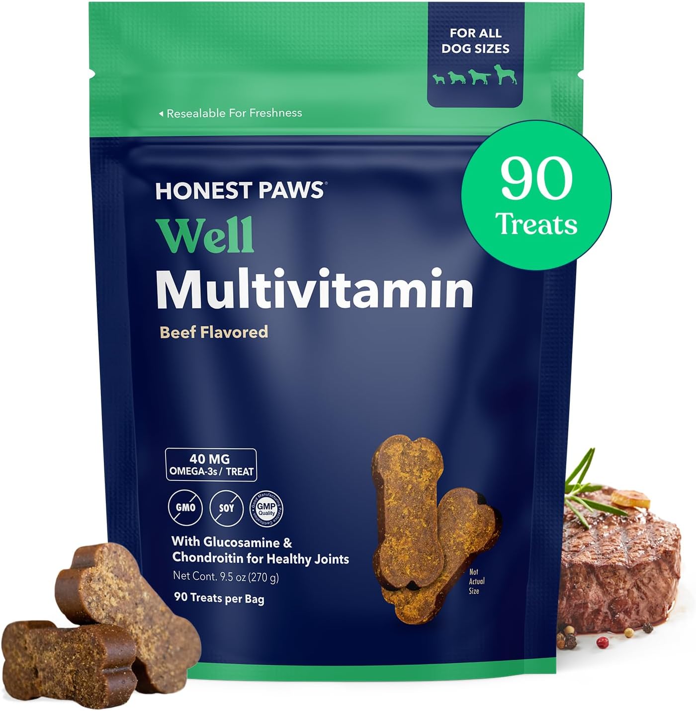 Honest Paws Dog Multivitamin Soft Chews for Joint Health, Coat, and Overall Wellness - Glucosamine, Omega-3, Beef Flavor