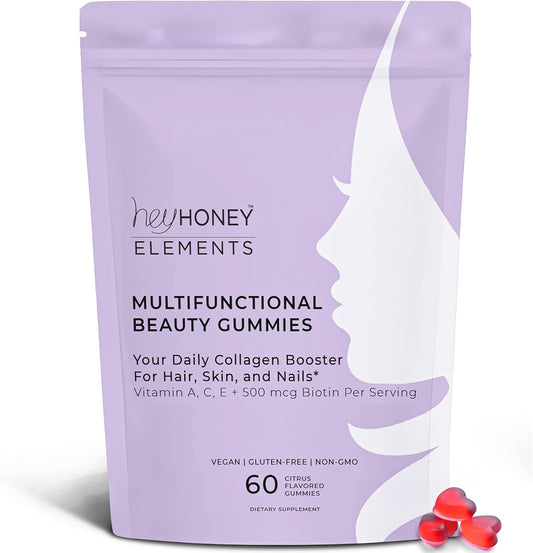 Honey Skincare Vegan Gummies for Radiant Skin, Hair, Nails, Wrinkle Support - 60 Count, Gluten Free, Non GMO, Citrus Flavor