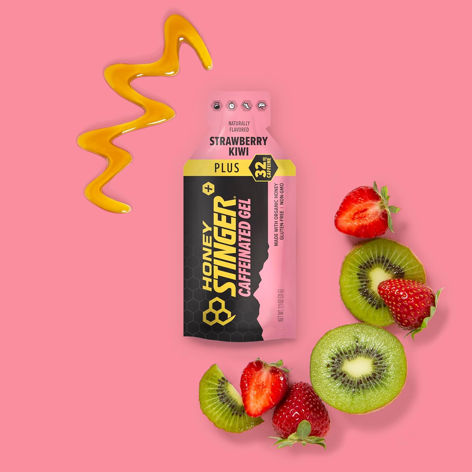 Honey Stinger Organic Strawberry Kiwi Energy Gel - Caffeinated & Gluten Free - 12 Pack, 13.2 oz - Sports Nutrition for Exercise, Running, Performance - Home & Gym - Pre & Mid Workout