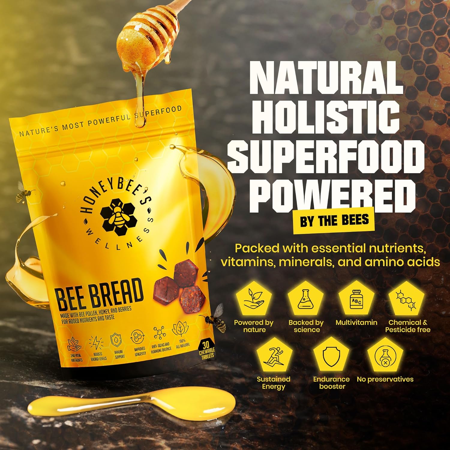 Honeybee's Wellness Bee Bread: Natural Multivitamin Superfood with Bee Pollen, Propolis, and Berries for Energy, Immunity, and Vitality
