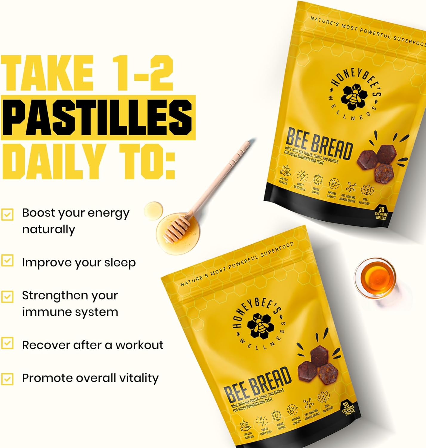 Honeybee's Wellness Bee Bread: Natural Multivitamin Superfood with Bee Pollen, Propolis, and Berries for Energy, Immunity, and Vitality