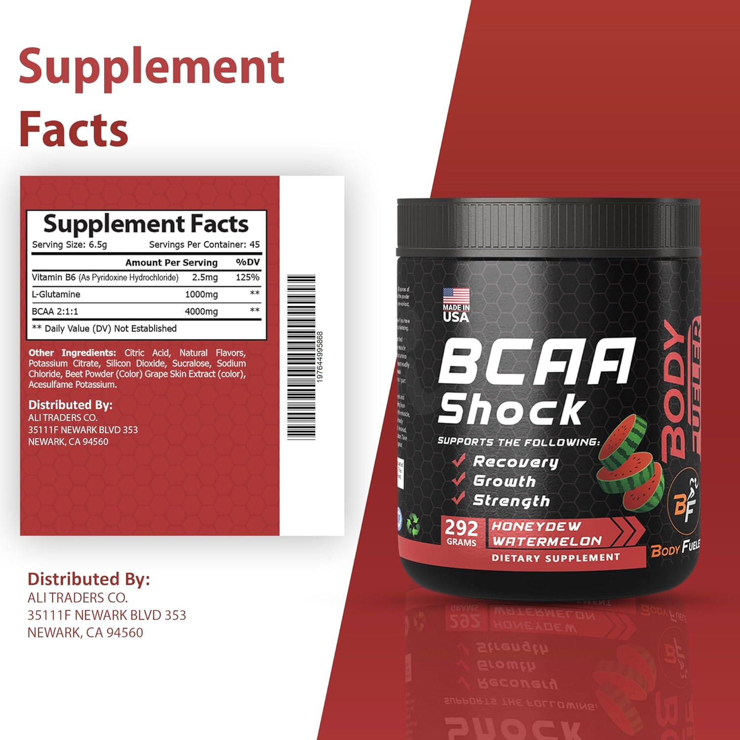 Honeydew Flavored BCAA Energy Powder for Muscle Recovery & Growth, Intra & Post Workout Drink - 292g Made in USA