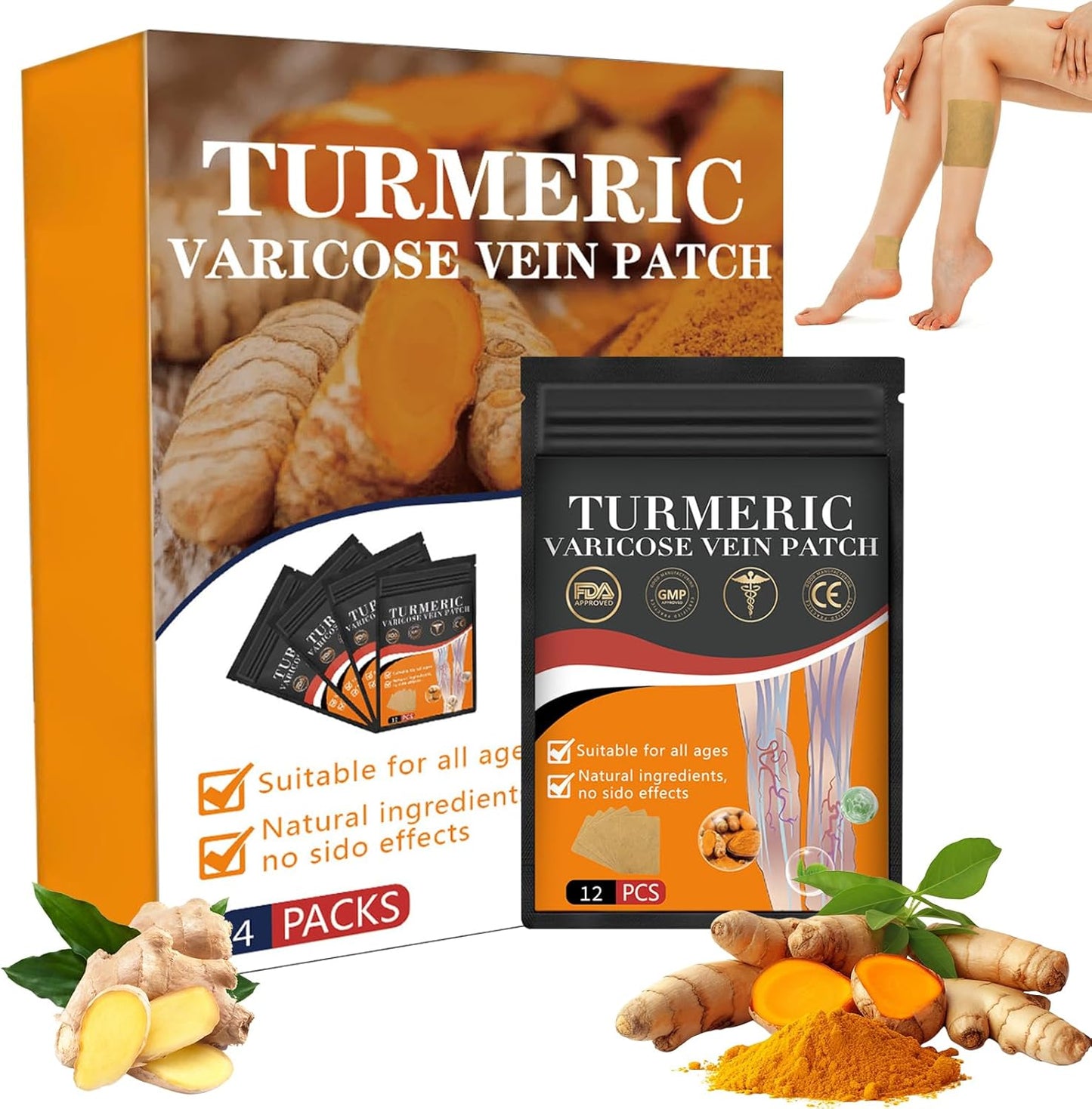 Hongani Natural Turmeric Vein Patches - 48 pcs, Relieves Varicose Veins in Legs for Women and Men