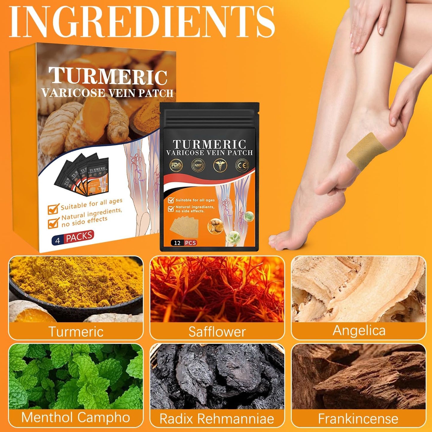 Hongani Natural Turmeric Vein Patches - 48 pcs, Relieves Varicose Veins in Legs for Women and Men