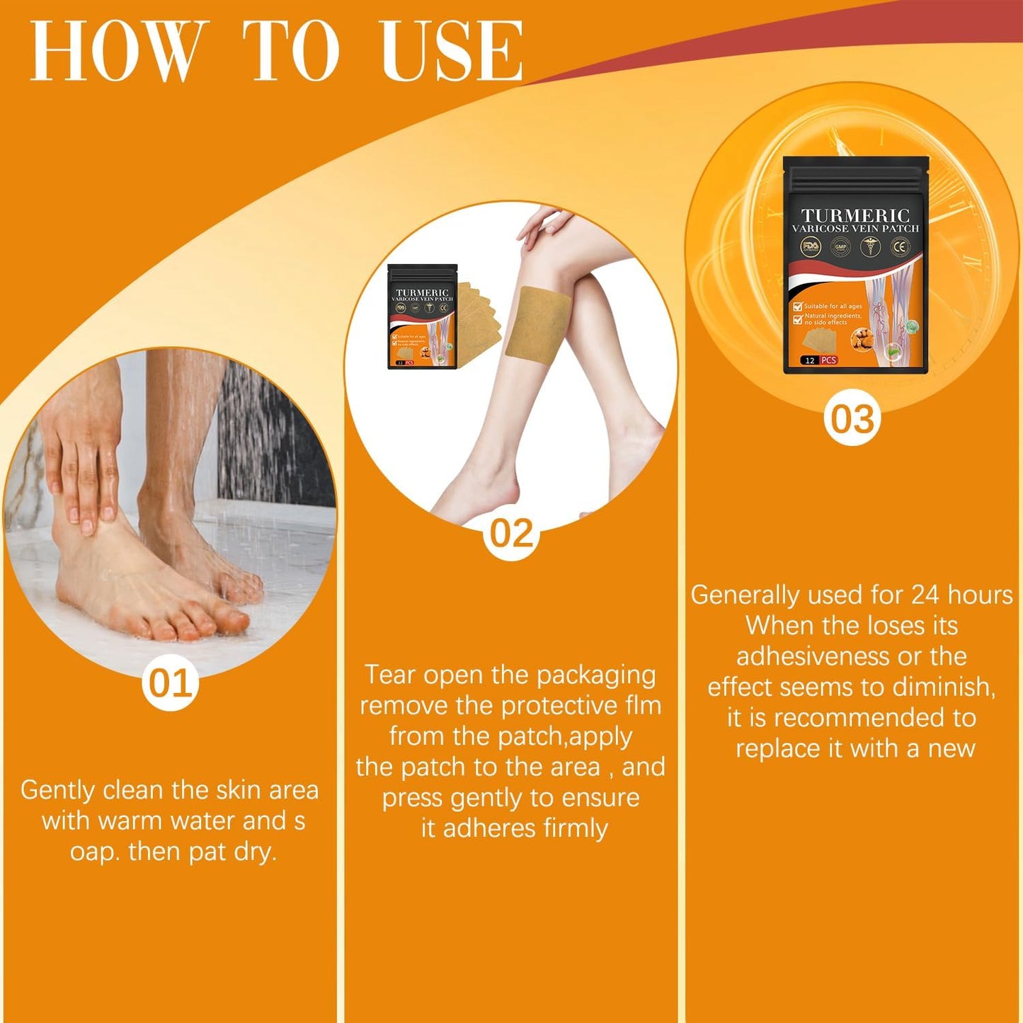 Hongani Natural Turmeric Vein Patches - 48 pcs, Relieves Varicose Veins in Legs for Women and Men