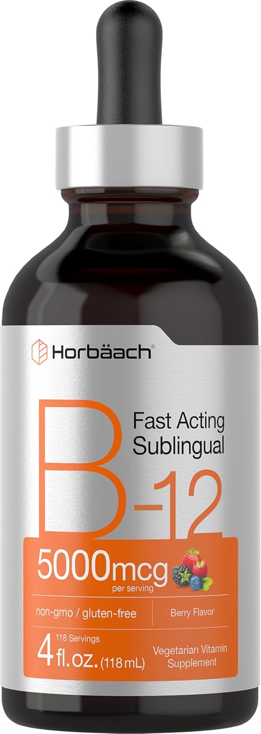 Horbäach B-12 Liquid Vitamin | 5000mcg Berry Flavor Sublingual | Vegetarian, Non-GMO, Gluten Free