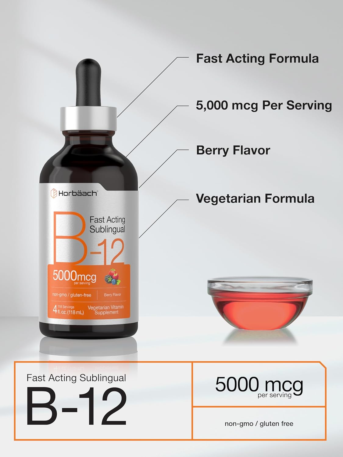 Horbäach B-12 Liquid Vitamin | 5000mcg Berry Flavor Sublingual | Vegetarian, Non-GMO, Gluten Free