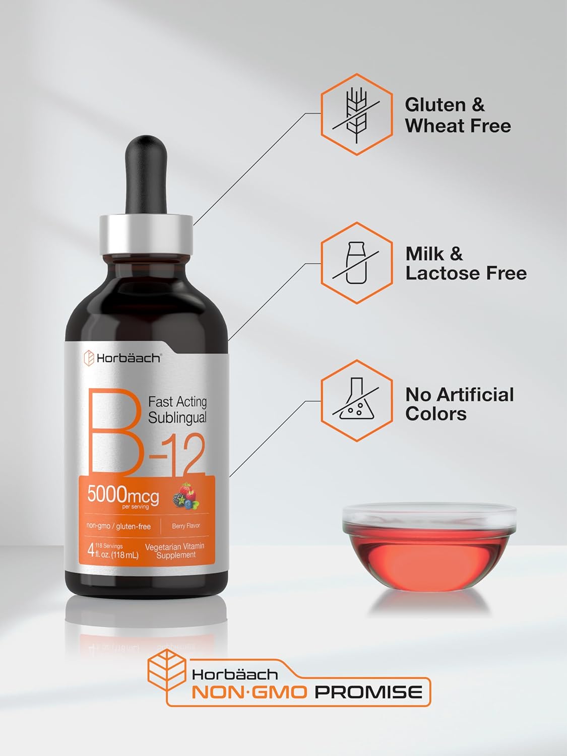 Horbäach B-12 Liquid Vitamin | 5000mcg Berry Flavor Sublingual | Vegetarian, Non-GMO, Gluten Free