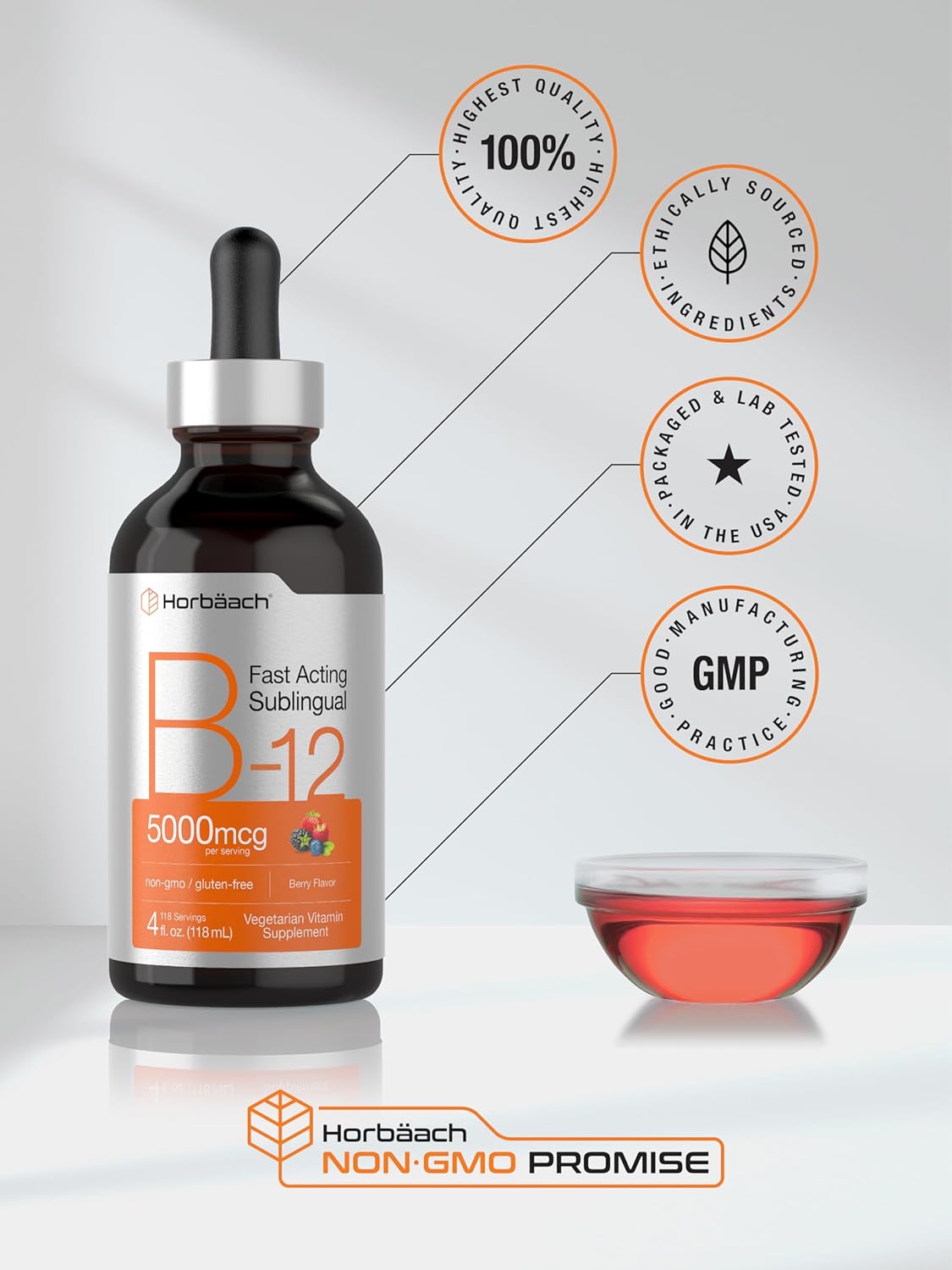 Horbäach B-12 Liquid Vitamin | 5000mcg Berry Flavor Sublingual | Vegetarian, Non-GMO, Gluten Free
