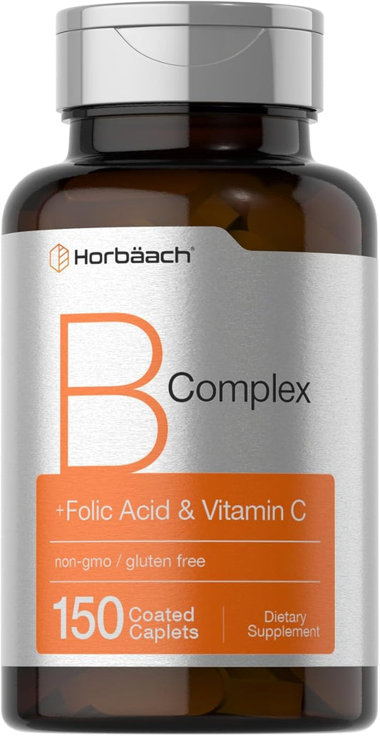 Horbäach B-Complex with Folic Acid & Vitamin C 150 Caplets - Non-GMO & Gluten Free Men and Women's Supplement