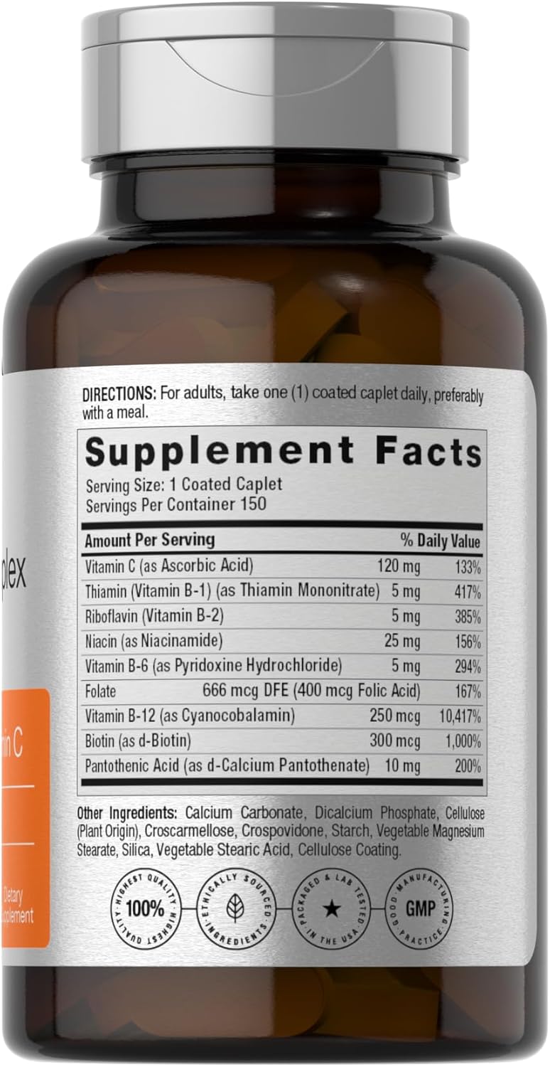 Horbäach B-Complex with Folic Acid & Vitamin C 150 Caplets - Non-GMO & Gluten Free Men and Women's Supplement