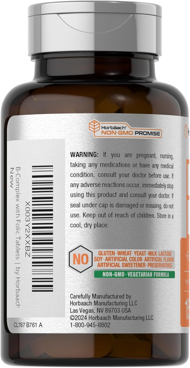 Horbäach B-Complex with Folic Acid & Vitamin C 150 Caplets - Non-GMO & Gluten Free Men and Women's Supplement
