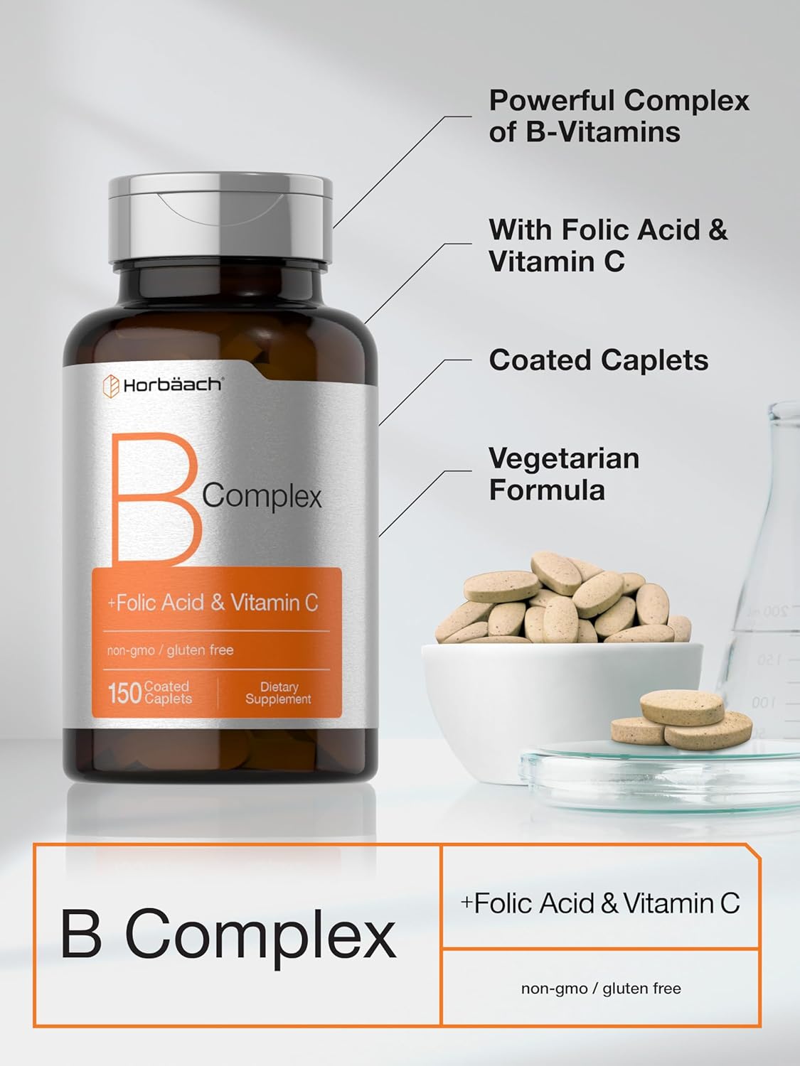 Horbäach B-Complex with Folic Acid & Vitamin C 150 Caplets - Non-GMO & Gluten Free Men and Women's Supplement