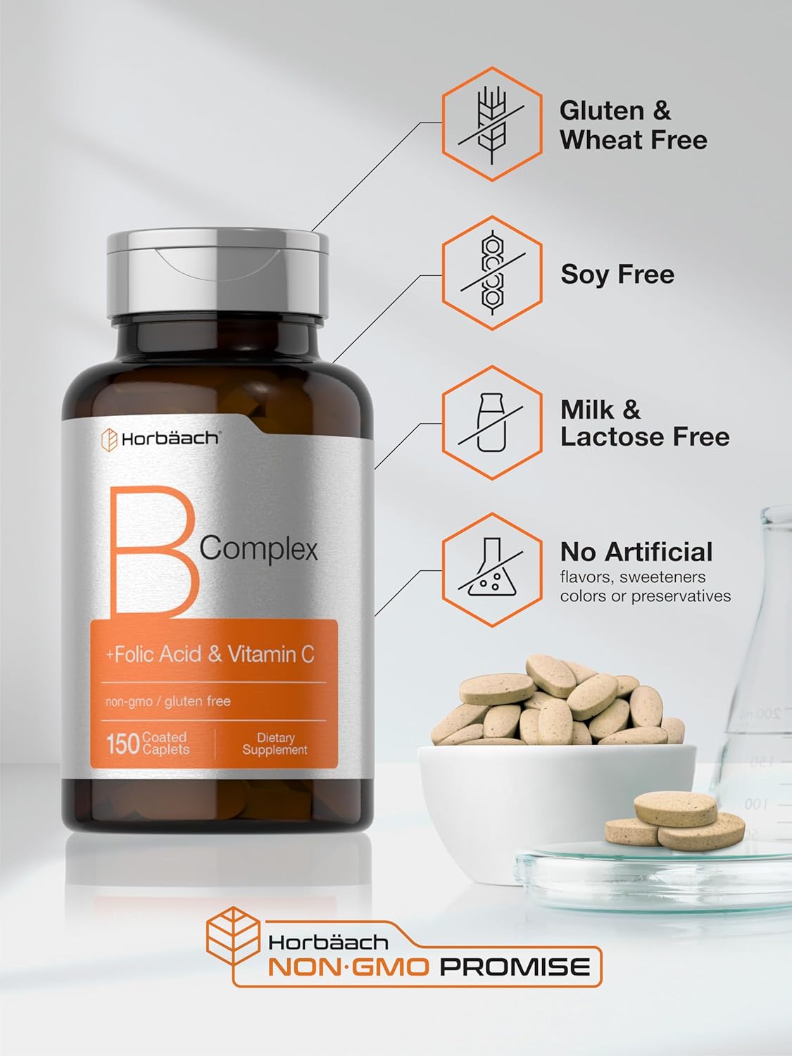 Horbäach B-Complex with Folic Acid & Vitamin C 150 Caplets - Non-GMO & Gluten Free Men and Women's Supplement