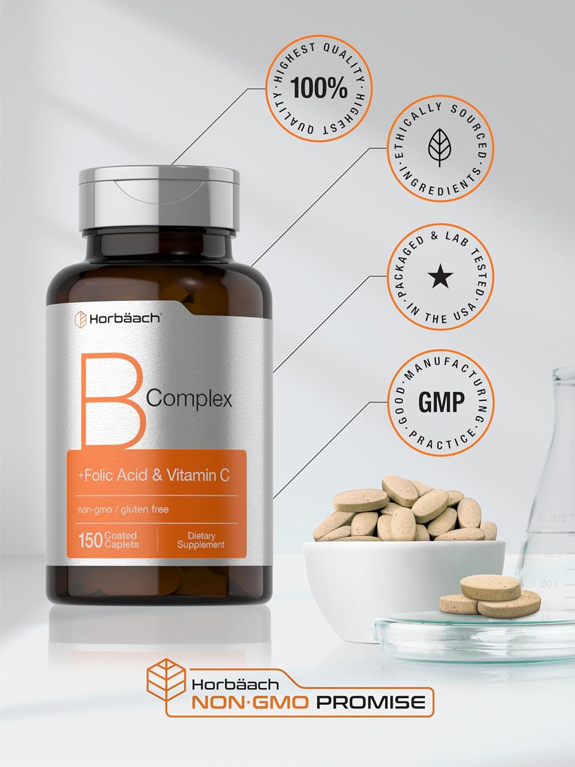 Horbäach B-Complex with Folic Acid & Vitamin C 150 Caplets - Non-GMO & Gluten Free Men and Women's Supplement