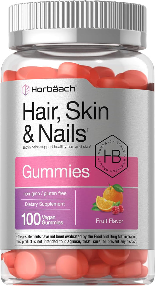 Horbäach Biotin Gummies for Hair, Skin, and Nails | 100 Count | Fruit Flavored Vitamins | Non-GMO, Gluten Free