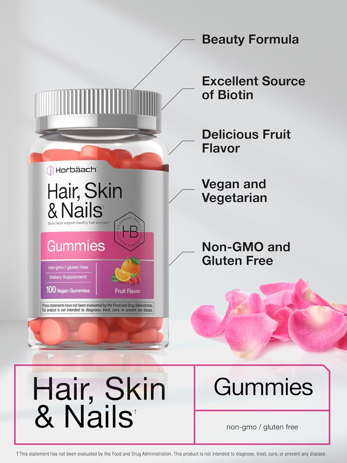 Horbäach Biotin Gummies for Hair, Skin, and Nails | 100 Count | Fruit Flavored Vitamins | Non-GMO, Gluten Free