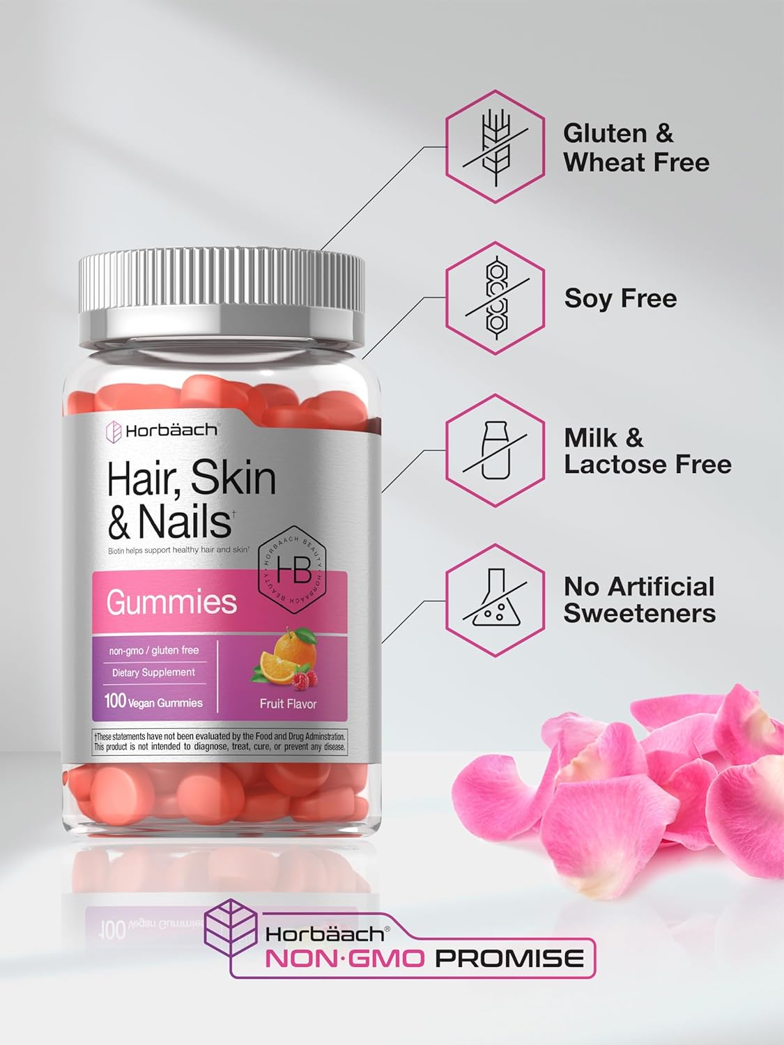 Horbäach Biotin Gummies for Hair, Skin, and Nails | 100 Count | Fruit Flavored Vitamins | Non-GMO, Gluten Free
