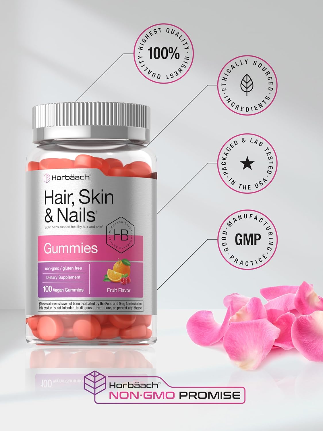 Horbäach Biotin Gummies for Hair, Skin, and Nails | 100 Count | Fruit Flavored Vitamins | Non-GMO, Gluten Free