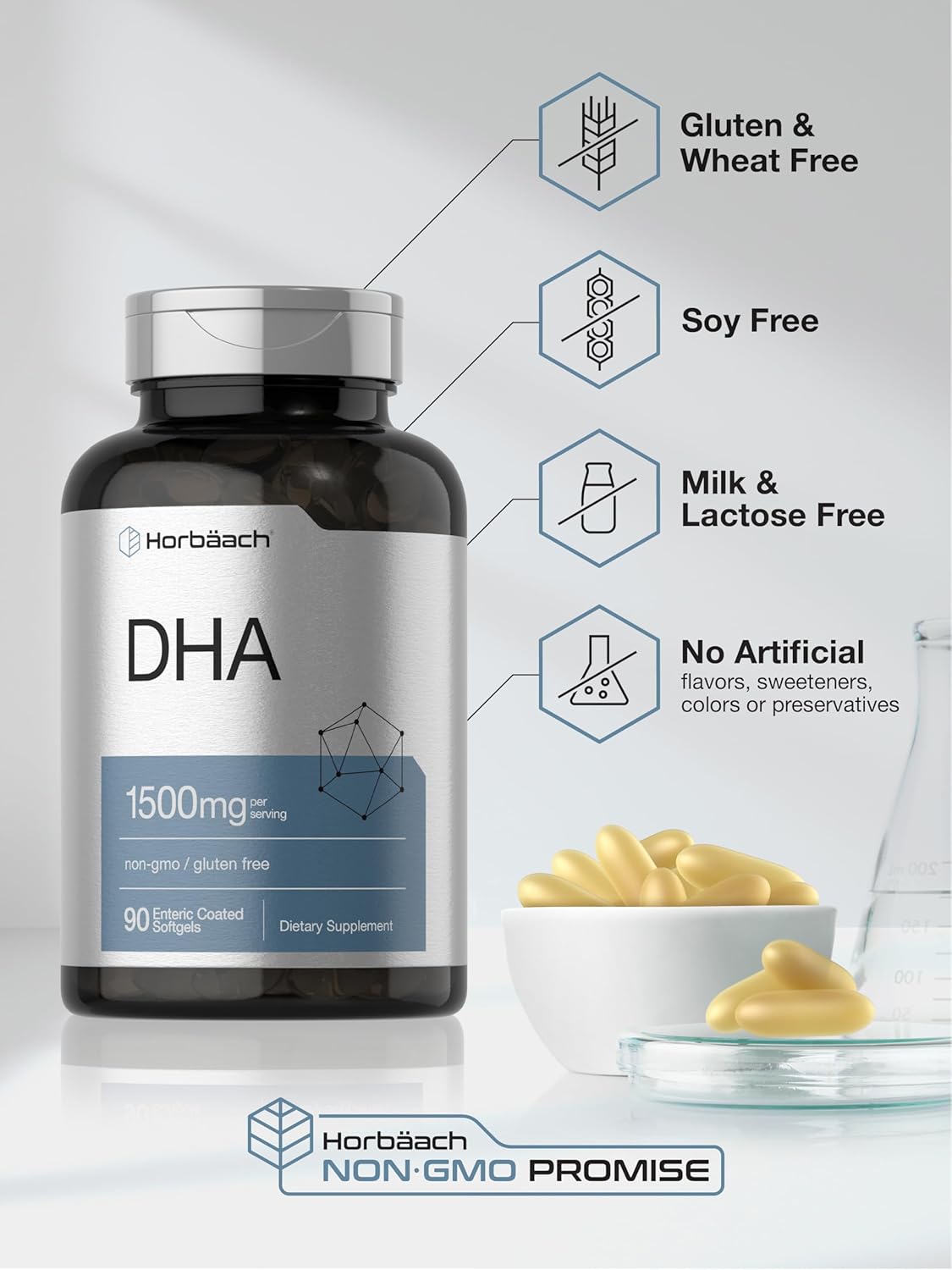 Horbäach DHA Supplement 1500mg Softgels - 90 Count, EPA Omega 3, Non-GMO Gluten-Free
