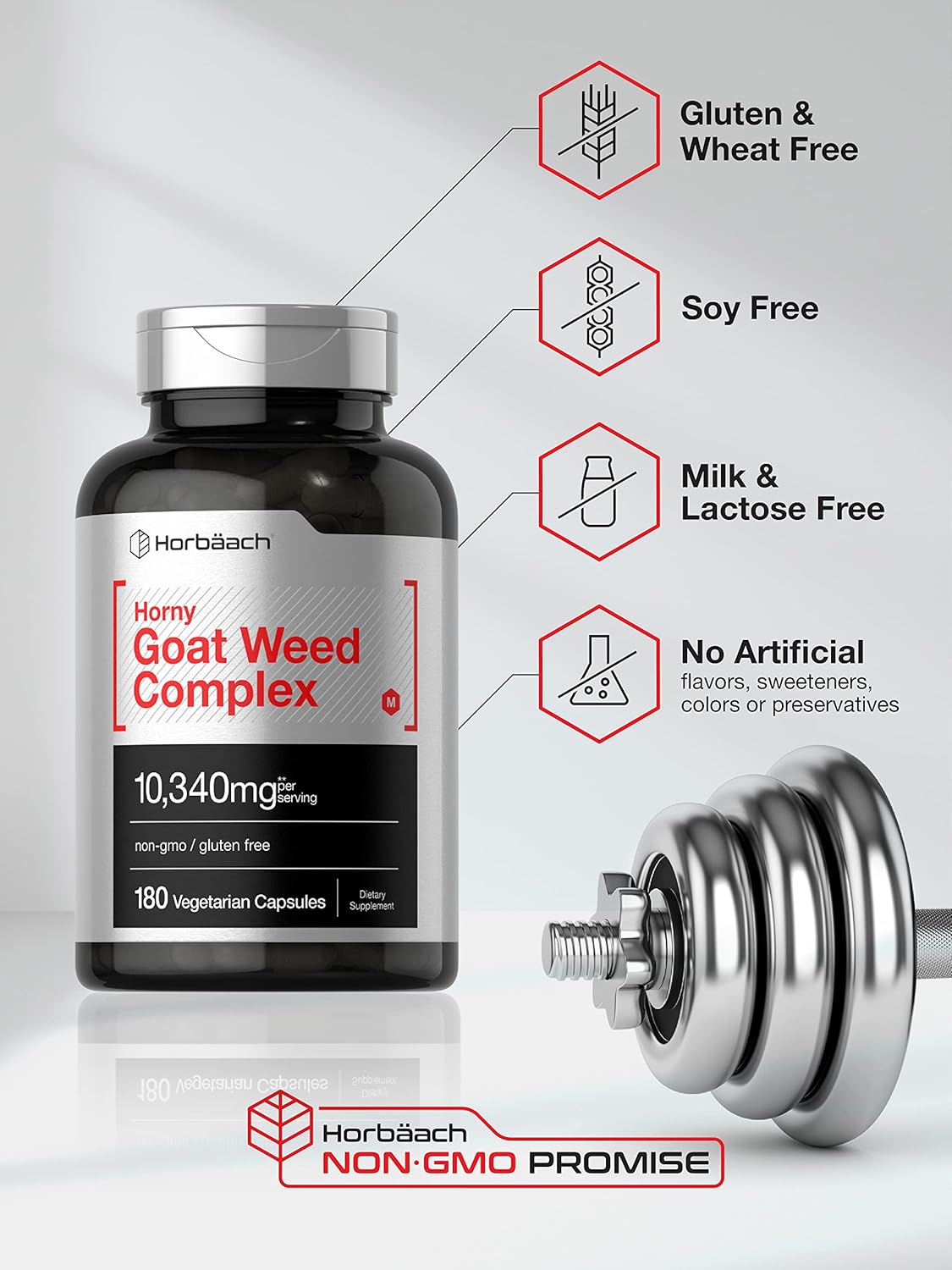 Horbäach Horny Goat Weed Complex 10,340mg 180 Capsules with Tribulus, Maca, Yohimbe, L-Arginine - Vegetarian, Non-GMO, Gluten Free
