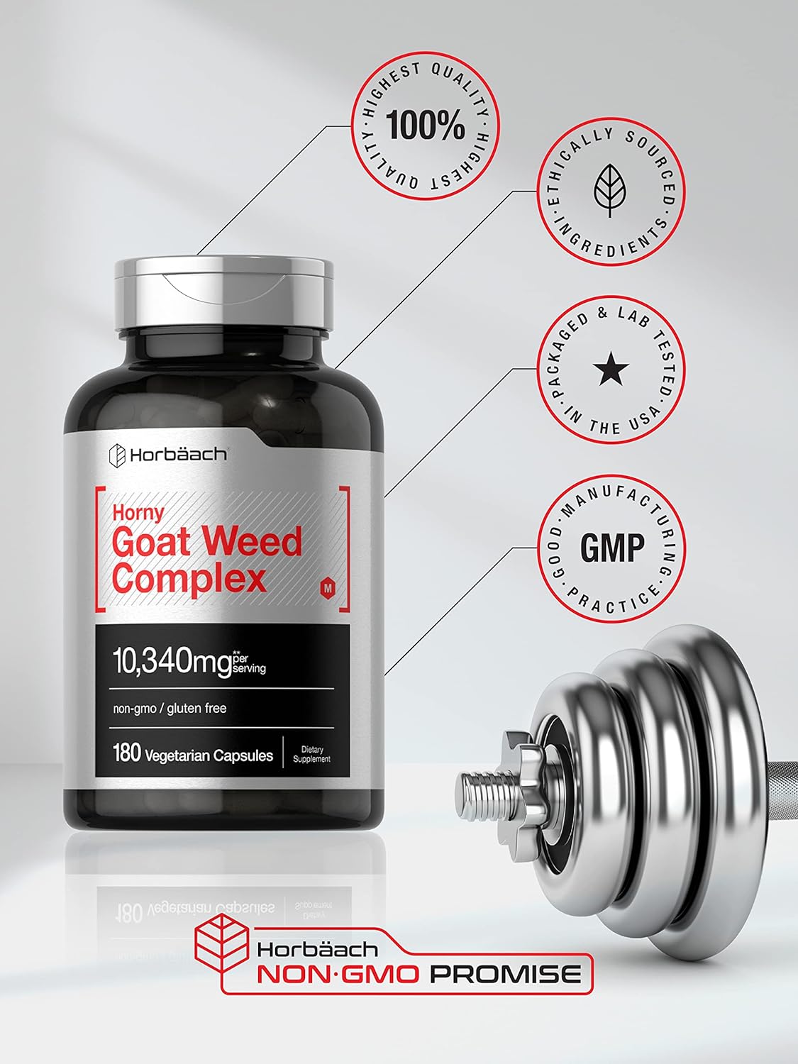 Horbäach Horny Goat Weed Complex 10,340mg 180 Capsules with Tribulus, Maca, Yohimbe, L-Arginine - Vegetarian, Non-GMO, Gluten Free