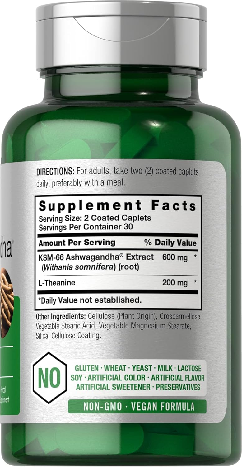 Horbäach KSM-66 Ashwagandha with L-Theanine | 600mg | 60 Coated Caplets | Vegan, Non-GMO, Gluten Free Supplement