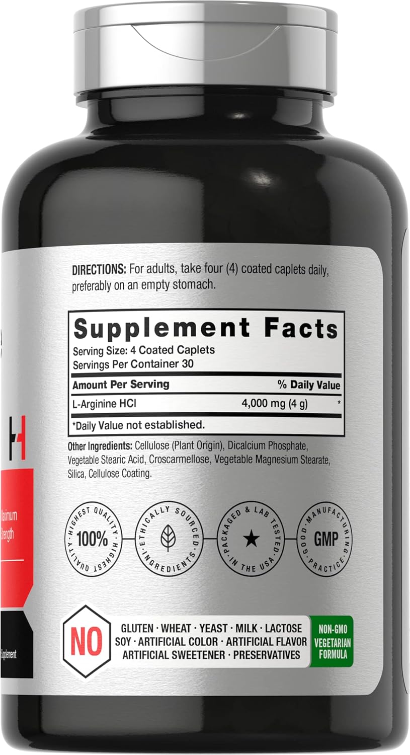 Horbäach L-Arginine 4000mg Caplets - Maximum Strength Nitric Oxide for Men and Women - Vegetarian, Non-GMO, Gluten Free - 120 Count