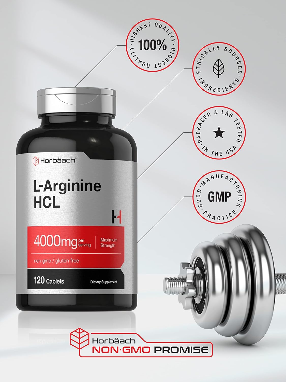 Horbäach L-Arginine 4000mg Caplets - Maximum Strength Nitric Oxide for Men and Women - Vegetarian, Non-GMO, Gluten Free - 120 Count