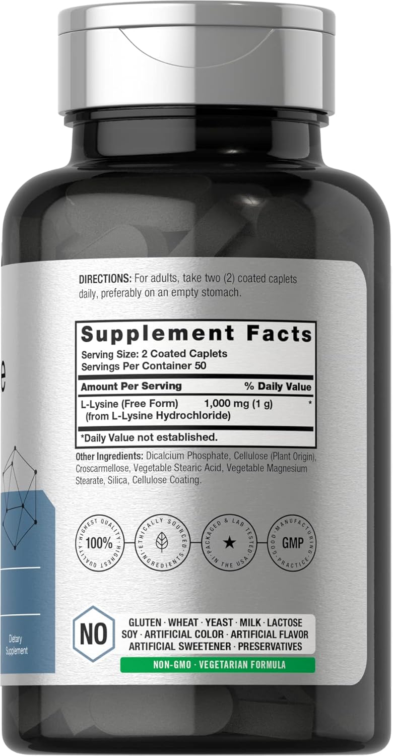 Horbäach L-Lysine 1000mg Coated Caplets - Essential Amino Acid Supplement for Vegetarians, Non-GMO & Gluten Free