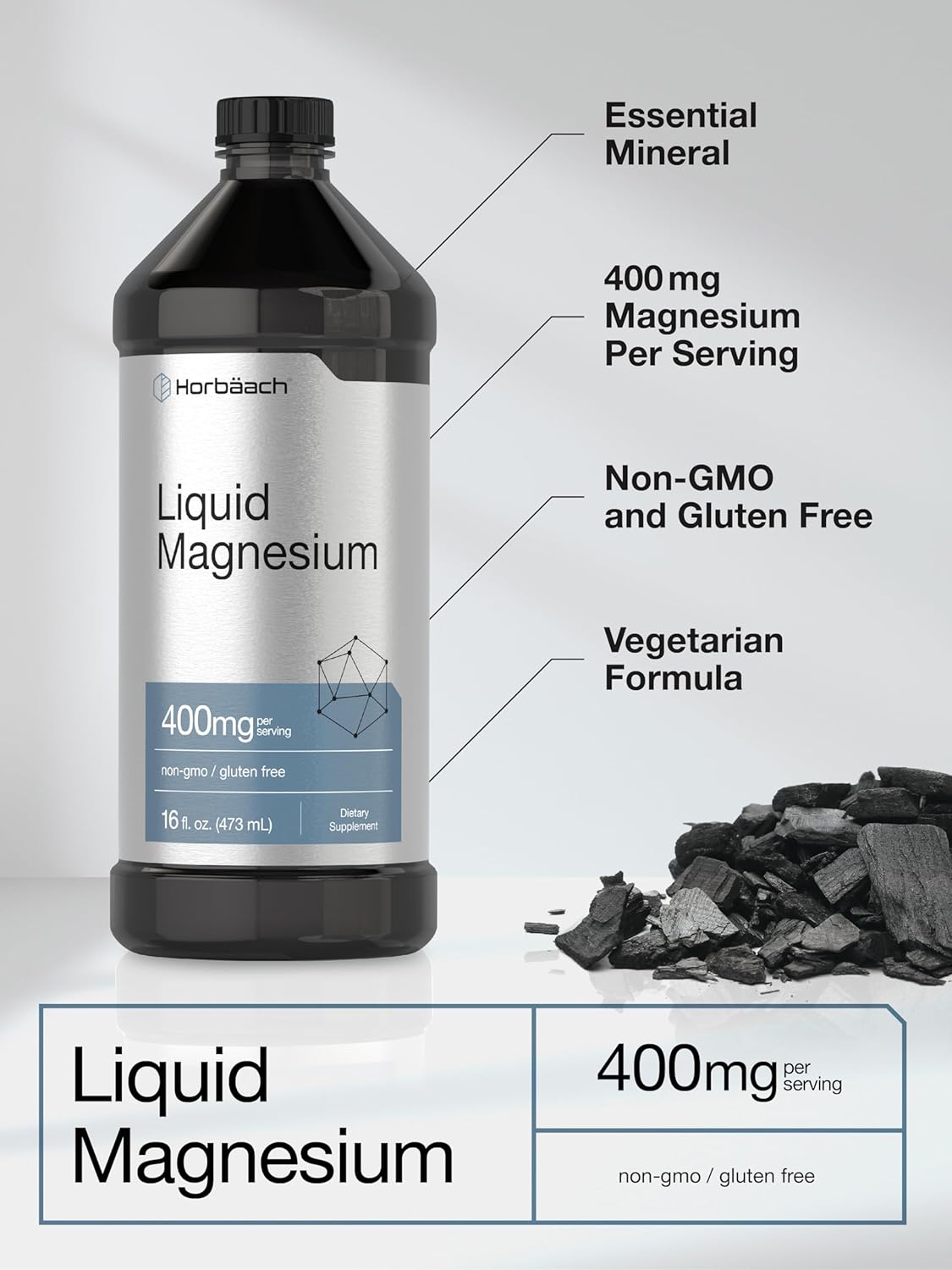 Horbäach Liquid Magnesium Supplement 400mg | 16 oz | Vegetarian, Non-GMO & Gluten-Free Formula