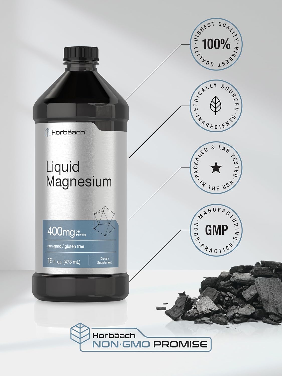 Horbäach Liquid Magnesium Supplement 400mg | 16 oz | Vegetarian, Non-GMO & Gluten-Free Formula
