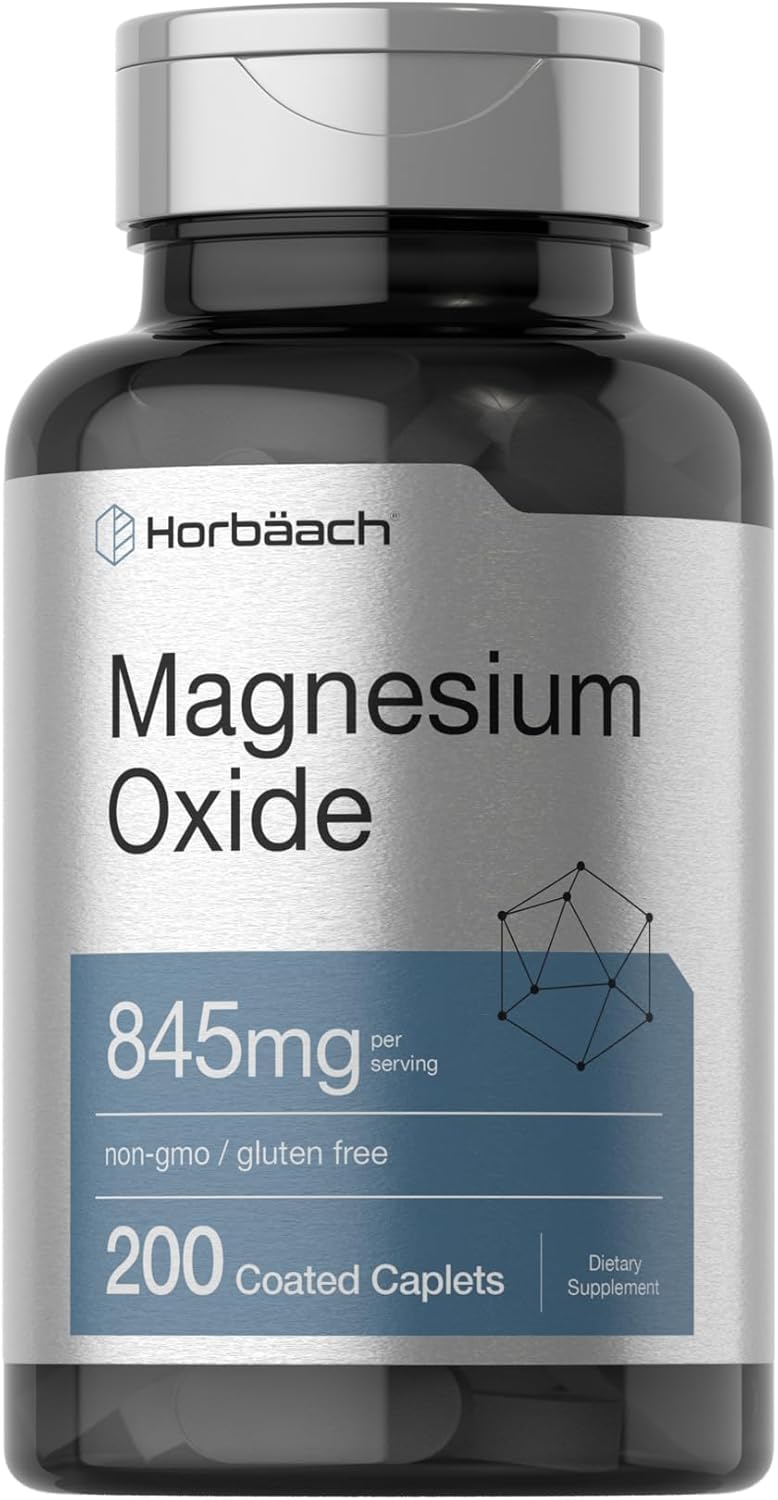 Horbäach Magnesium Oxide Caplets - 845 mg, 200 Coated Capsules - Vegetarian, Non-GMO, Gluten Free Supplement