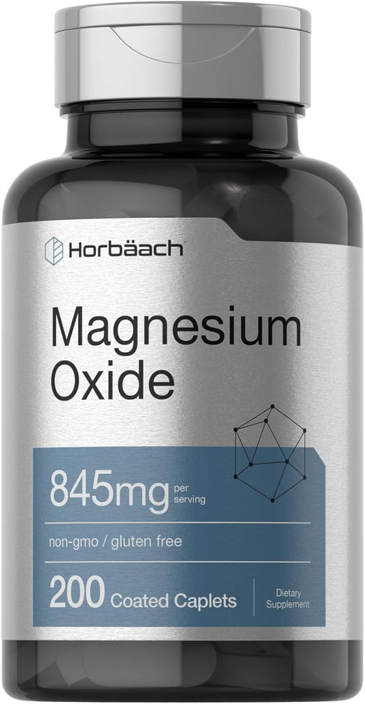 Horbäach Magnesium Oxide Caplets - 845 mg, 200 Coated Capsules - Vegetarian, Non-GMO, Gluten Free Supplement