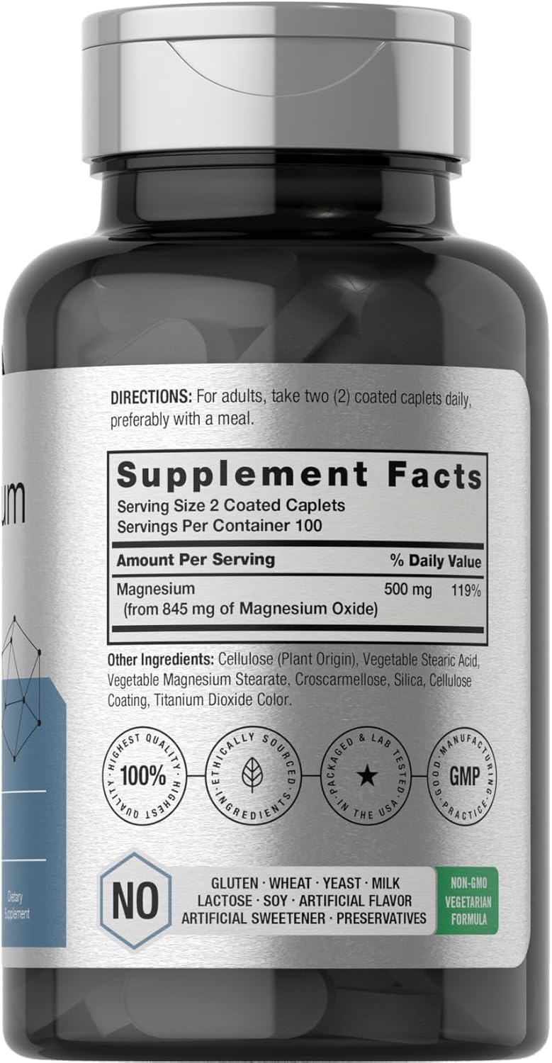 Horbäach Magnesium Oxide Caplets - 845 mg, 200 Coated Capsules - Vegetarian, Non-GMO, Gluten Free Supplement