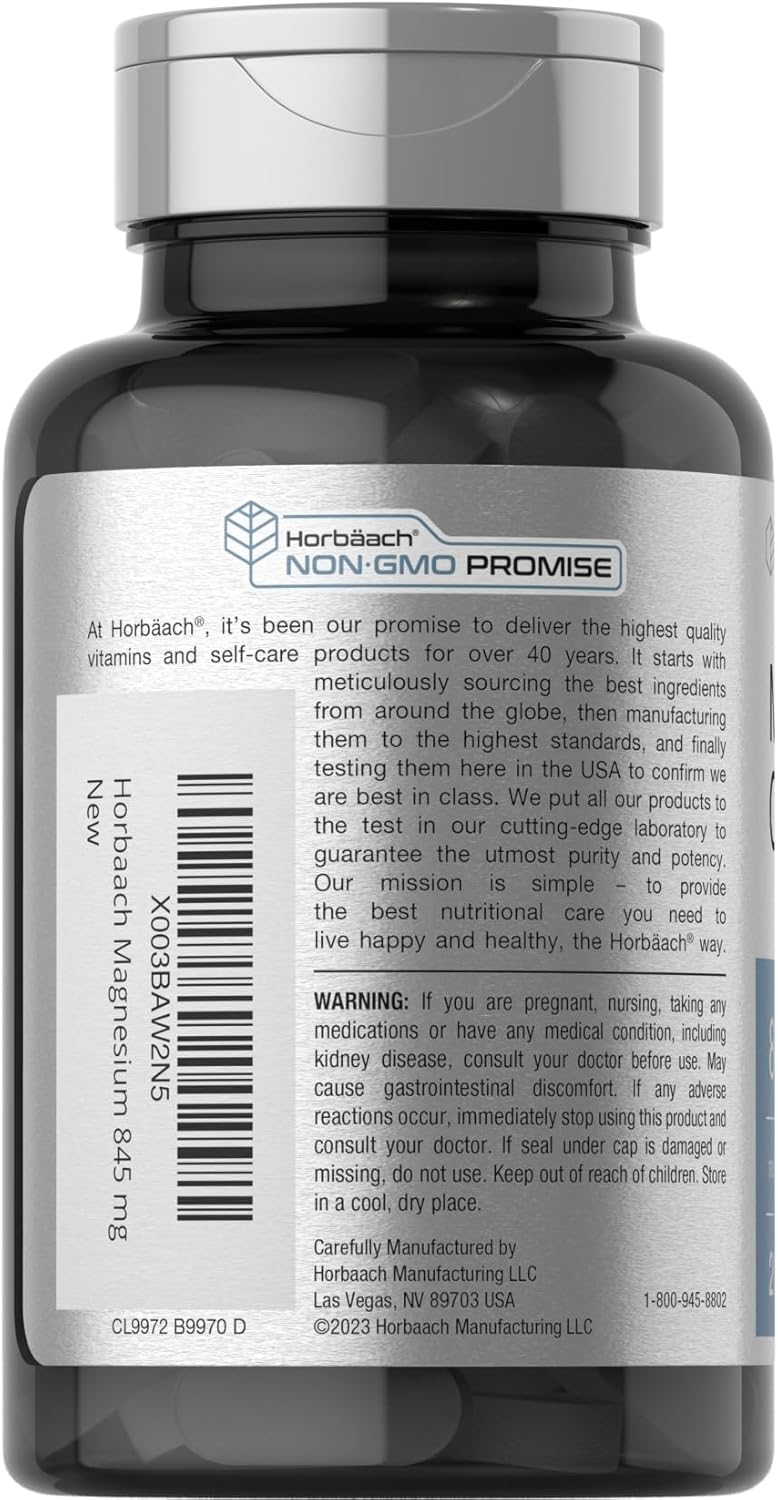 Horbäach Magnesium Oxide Caplets - 845 mg, 200 Coated Capsules - Vegetarian, Non-GMO, Gluten Free Supplement