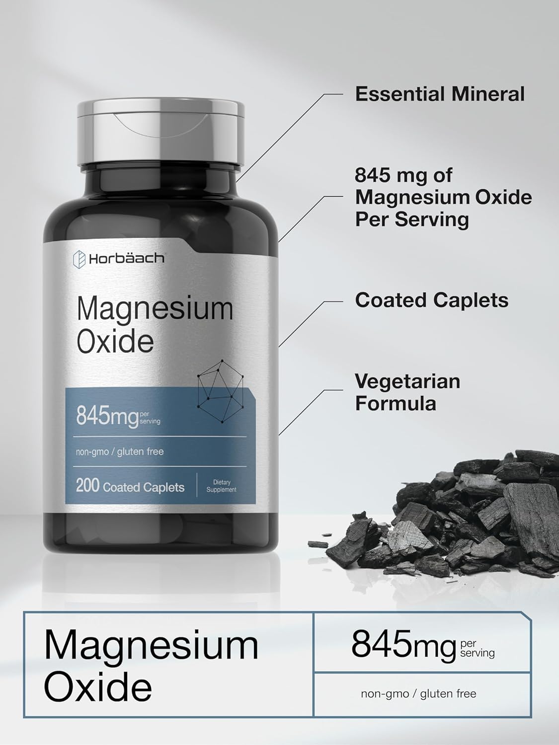Horbäach Magnesium Oxide Caplets - 845 mg, 200 Coated Capsules - Vegetarian, Non-GMO, Gluten Free Supplement