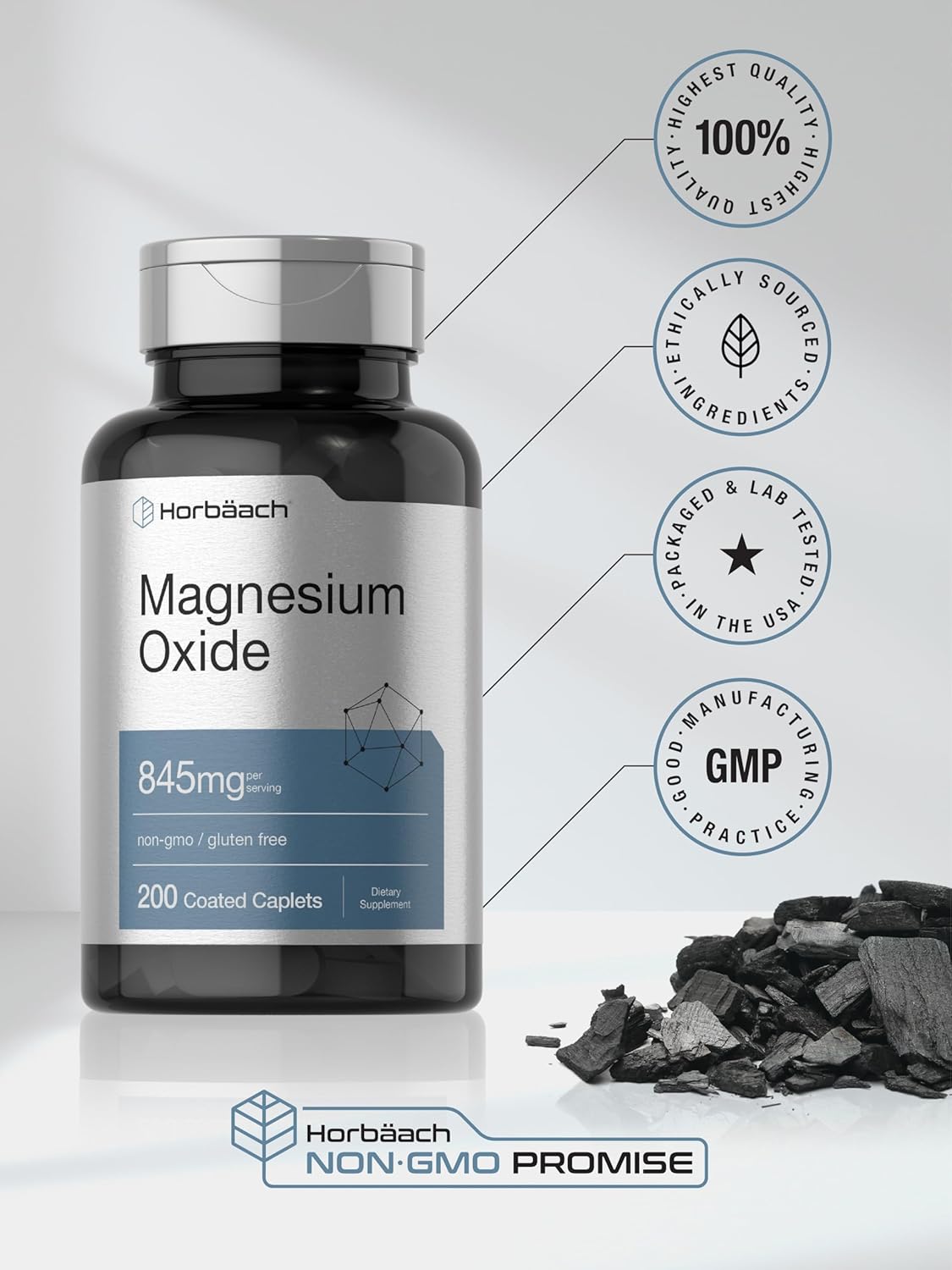 Horbäach Magnesium Oxide Caplets - 845 mg, 200 Coated Capsules - Vegetarian, Non-GMO, Gluten Free Supplement
