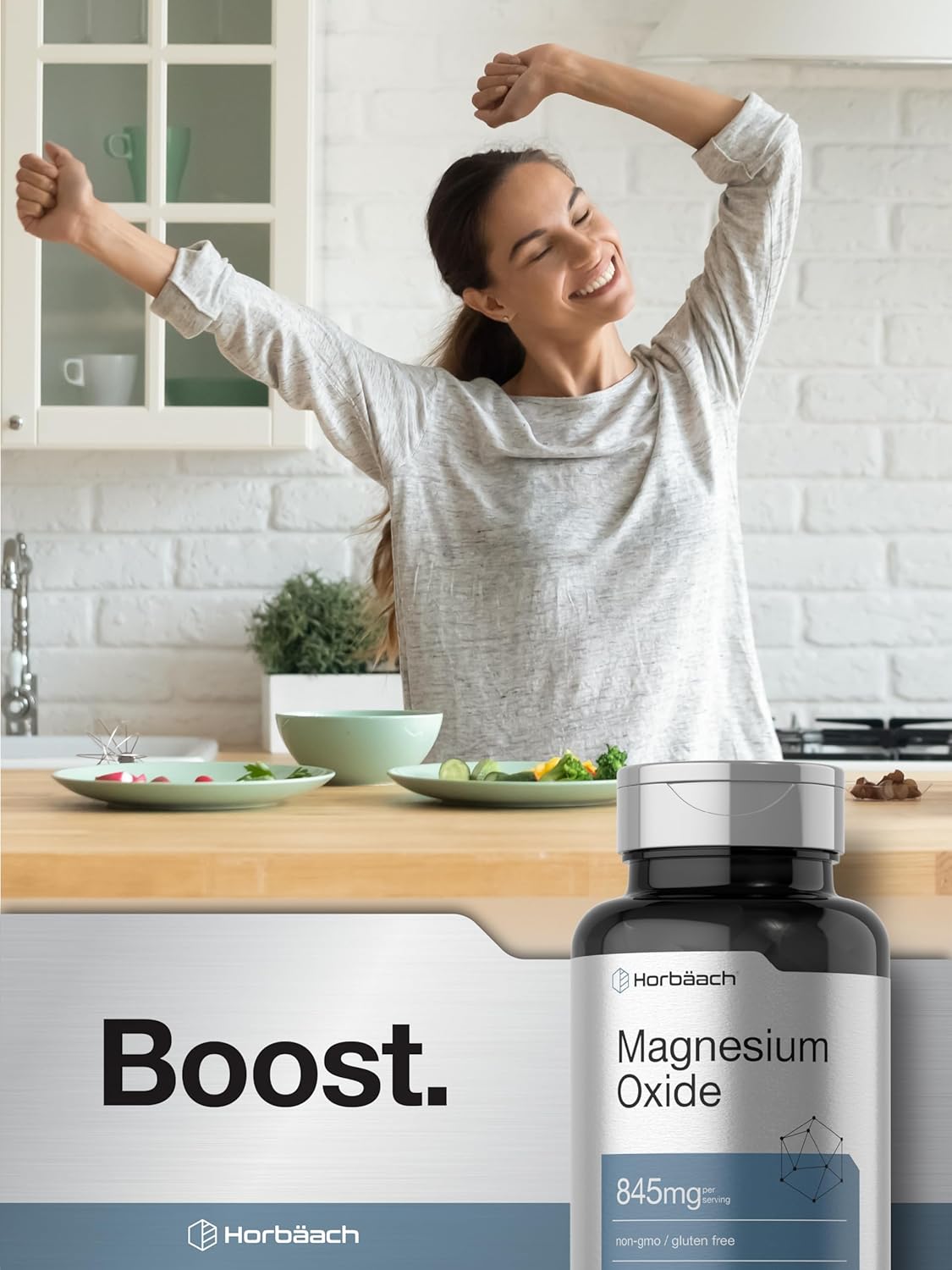 Horbäach Magnesium Oxide Caplets - 845 mg, 200 Coated Capsules - Vegetarian, Non-GMO, Gluten Free Supplement