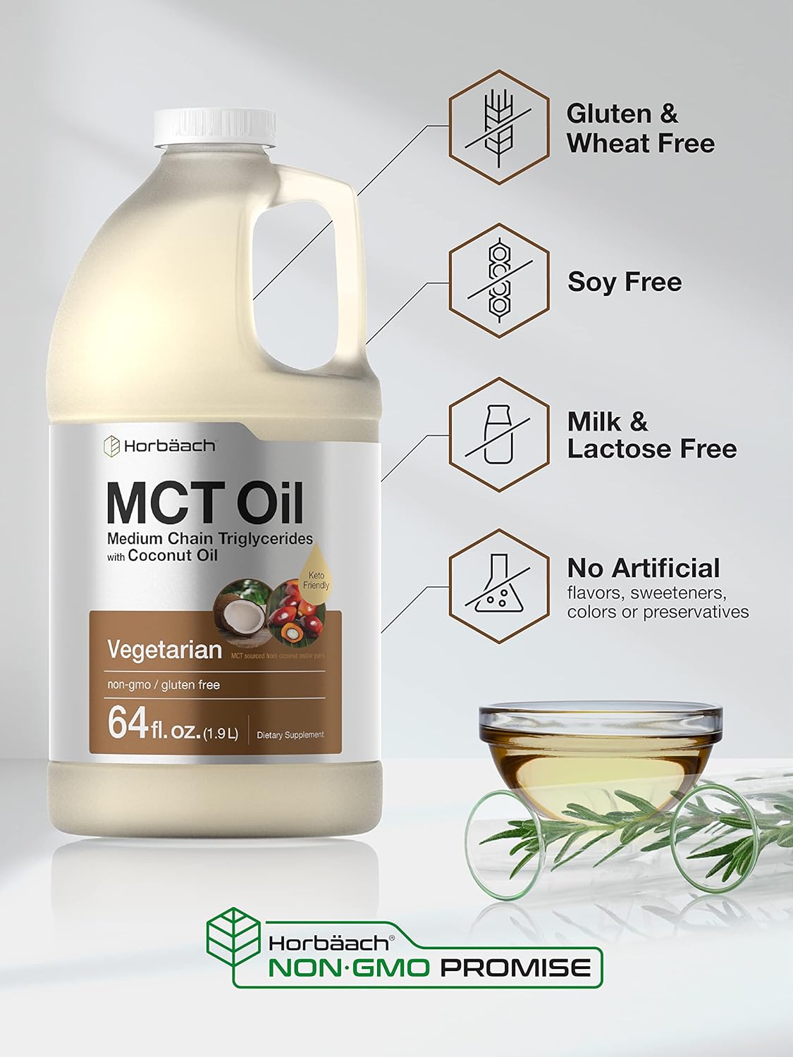 Horbäach MCT Oil 64 oz - 100% Pure Unflavored Formula for Keto Diet - Value Size for Coffee, Tea, Juice - Vegetarian and Non-GMO