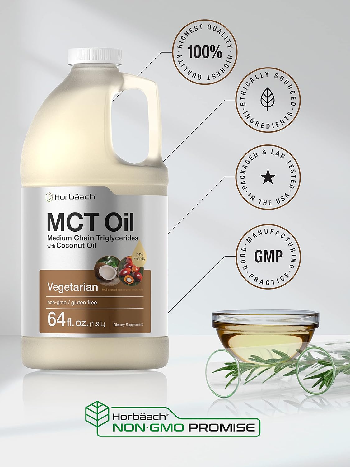 Horbäach MCT Oil 64 oz - 100% Pure Unflavored Formula for Keto Diet - Value Size for Coffee, Tea, Juice - Vegetarian and Non-GMO