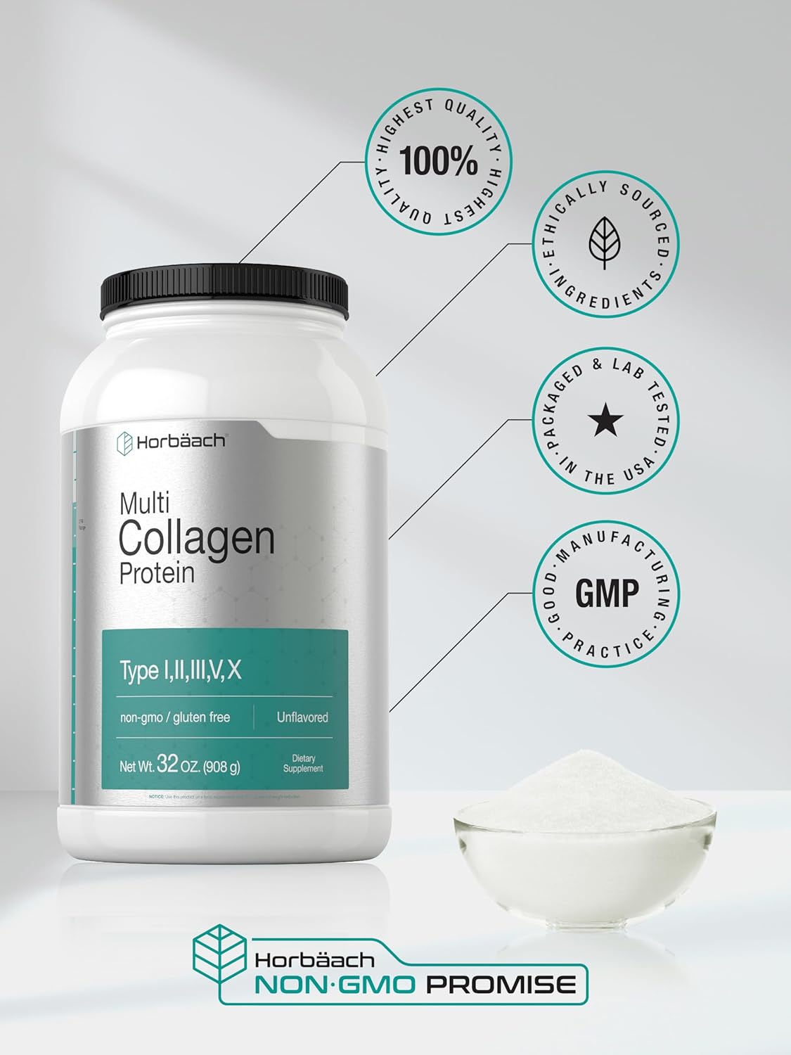 Horbäach Multi Collagen Protein Powder 32 oz | Hydrolyzed Collagen Peptides | Type I, II, III, V, X | Keto & Paleo Friendly | Unflavored & Gluten Free