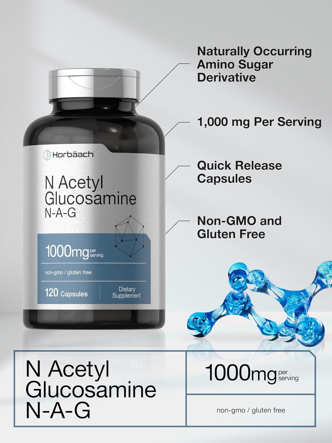 Horbäach N-Acetyl Glucosamine 1000mg Capsules - 120 Count - Non-GMO & Gluten Free N-A-G Supplement