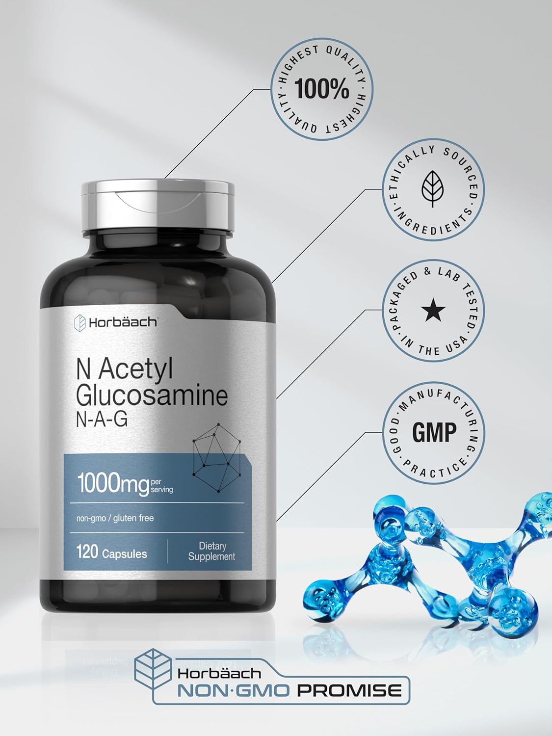 Horbäach N-Acetyl Glucosamine 1000mg Capsules - 120 Count - Non-GMO & Gluten Free N-A-G Supplement