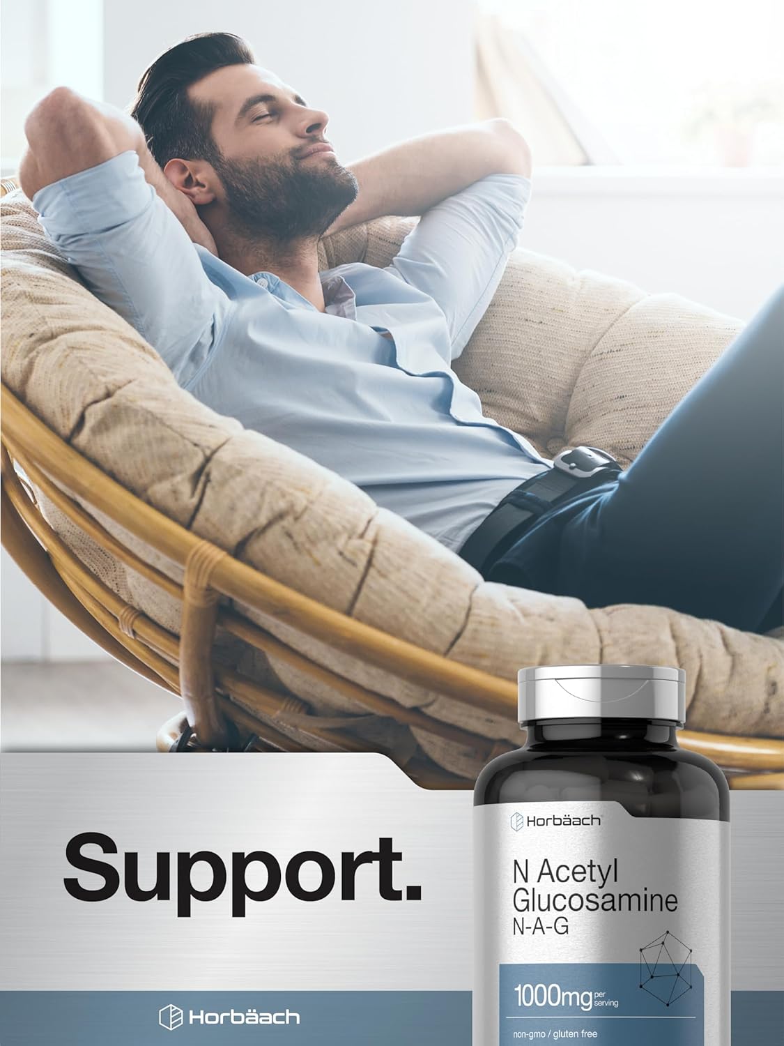 Horbäach N-Acetyl Glucosamine 1000mg Capsules - 120 Count - Non-GMO & Gluten Free N-A-G Supplement