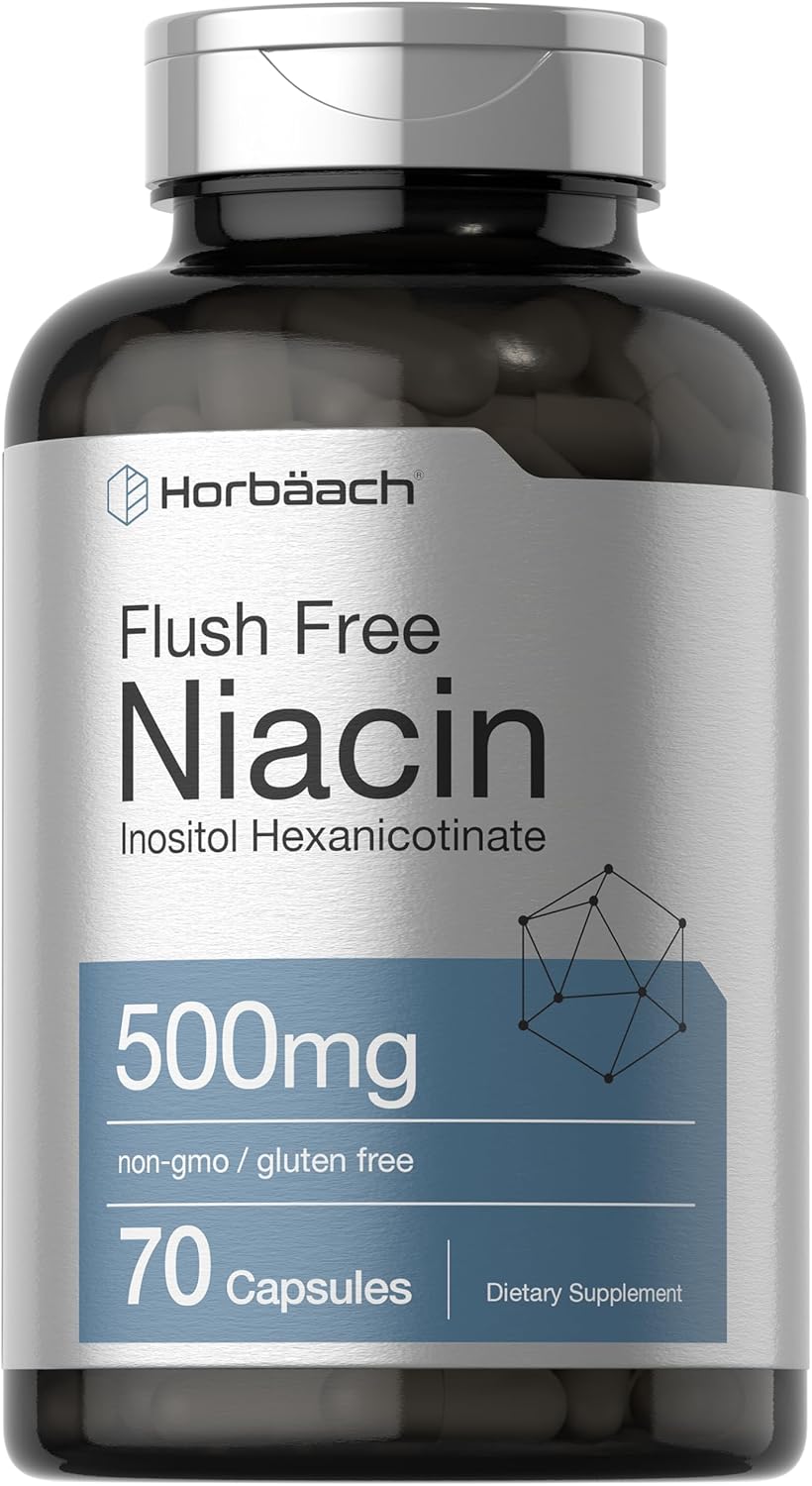 Horbäach Niacin 500mg Capsules - Flush Free Supplement with Inositol Hexanicotinate - Non-GMO and Gluten Free - 70 Count