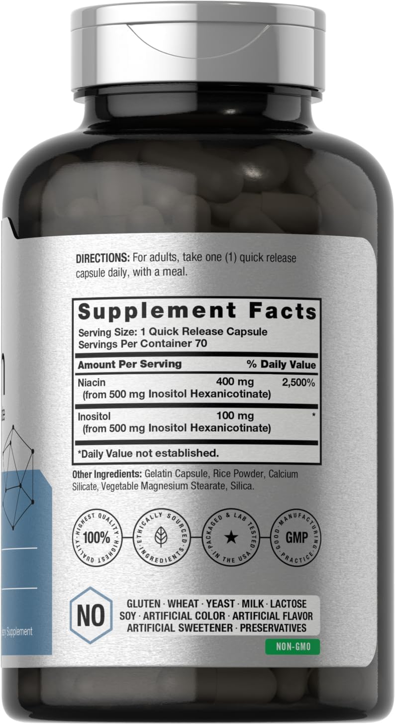 Horbäach Niacin 500mg Capsules - Flush Free Supplement with Inositol Hexanicotinate - Non-GMO and Gluten Free - 70 Count